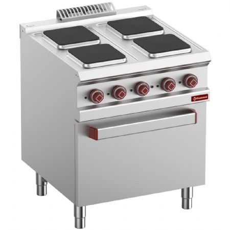 Fourneau profondeur 700 4 plaques carrées avec four électrique GN 2/1 et grille Monophasé 15.7 kW - Diamond - E7/4PQF7-N