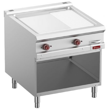 Plaque à snacker pro profondeur 900 électrique 14 kW 2/3 lisse et 1/3 rainurée chromée sur armoire ouverte - Diamond - E9/PMCA8-N