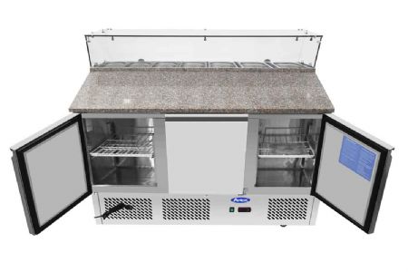 Meuble à pizza compact 3 portes avec plan de travail en granit et pare haleine vitré (7x1/3)