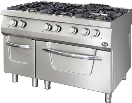 Fourneau à gaz pro 6 feux 3x6 kW 3x10 kW sur four 9 kW - profondeur 900mm Fourneau à gaz pro 6 feux 3x6 kW 3x10 kW sur four 9 kW - profondeur 900mm