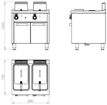 Friteuse professionnelle à gaz sur placard avec portes 2 cuves 12+12 litres - 17 kW - 800x750x1025 mm