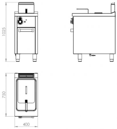Friteuse professionnelle à gaz sur placard avec porte 1 cuve 12 litres - 8,5 kW - 400x750x1025 mm