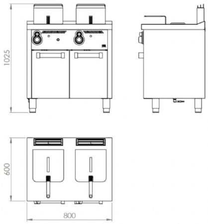 Friteuse à gaz professionnelle sur placard avec portes 2 cuves 8 + 8 litres - 15,4 kW - 800x600x1022 mm