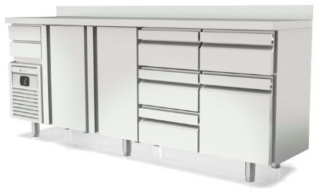 Arrière bar inox positif avec 4 portes pleines et 2 tiroirs neutres - 2545x600x1040 mm
