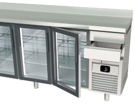 Arrière bar inox positif avec 4 portes vitrées et 2 tiroirs neutres - 2545x600x1040 mm