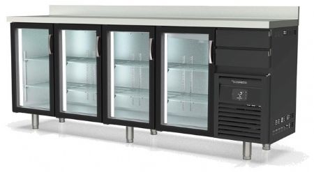 Arrière bar inox positif avec 4 portes vitrées et 2 tiroirs neutres - 2545x600x1040 mm