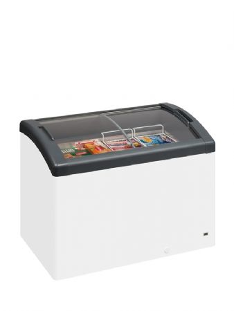 Congélateur coffre avec portes vitrées coulissantes bombées plage de température -23/-16°C