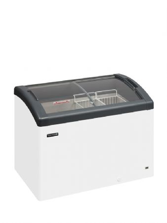 Congélateur coffre avec portes vitrées coulissantes bombées plage de température -23/-16°C