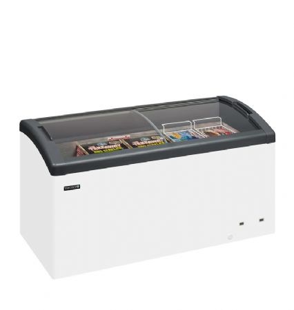 Congélateur coffre avec panneaux vitrés courbes coulissants plage de température -23/-16°C volume utile 418/302 L