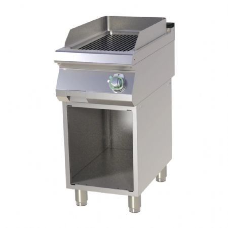 Plaque à snacker pro électrique plaque nervurée 56x37 cm sur armoire ouverte Plaque à snacker pro électrique plaque nervurée 56x37 cm sur armoire ouverte