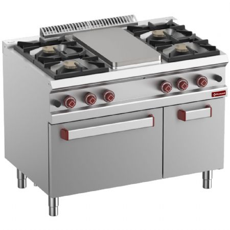 Fourneau profondeur 700 4 brûleurs gaz, plaque à mijoter, four gaz GN 2/1 et armoire GN 1/1 - Diamond - G7/TM4BFA11-N