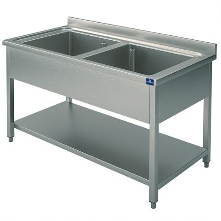 Plonge Inox 1 Évier, 2 bacs, sur piètement, avec étagère inférieure, 1200x600x850 mm - Virtus - GLA0003