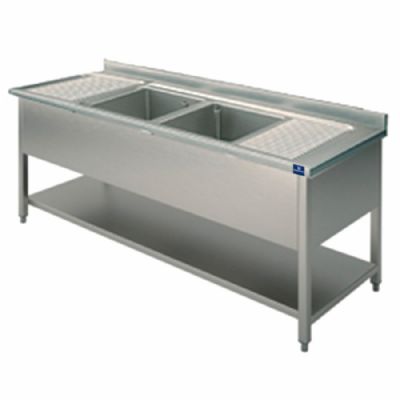 Évier inox 2 bacs avec 2 égouttoirs et étagère basse 700 x 2000 x 850 mm Évier inox 2 bacs avec 2 égouttoirs et étagère basse 700 x 2000 x 850 mm