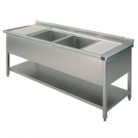 Plonge Inox 1 Évier, 2 bacs, 2 plateaux d'égouttage, sur piètement, avec étagère inférieure, 2000x700x850 mm - Virtus - GLA0017