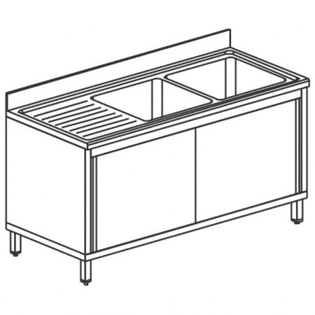 Plonge Inox 1 sur armoire, 2 bacs, égouttoir à gauche, avec portes coulissantes, 1600x700x850 mm - Virtus - GLA0031