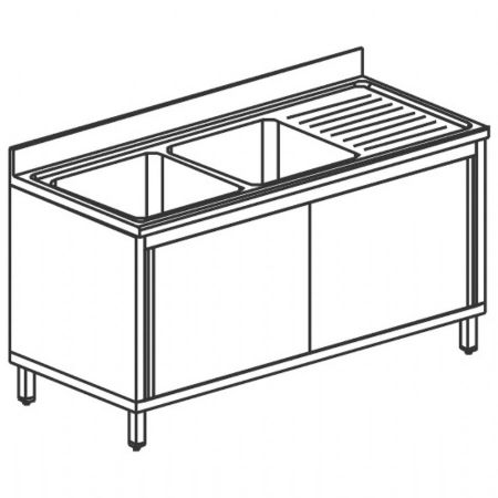 Plonge Inox 1 sur armoire, 2 bacs, égouttoir à droite, avec portes coulissantes, 1800x700x850 mm - Virtus - GLA0032