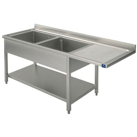 Plonge Inox 1 sur piètement avec étagère inférieure, place pour lave-vaisselle, 2 bacs à gauche, 2000x700x850 mm - Virtus - GLA0039