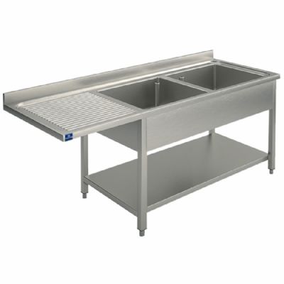 Évier inox sur piètement avec tablette basse 2 bacs à droite 2000x700 mm Évier inox sur piètement avec tablette basse 2 bacs à droite 2000x700 mm