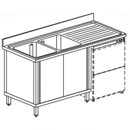 Plonge Inox 1 sur armoire avec portes coulissantes, place pour lave-vaisselle, 2 bacs à gauche, 2000x700x850 mm - Virtus - GLA0045