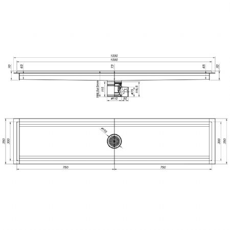 Caniveau de sol inox 1500x300, sortie latrale