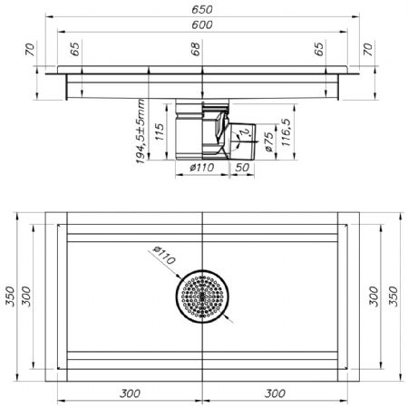 Caniveau de sol inox 600x300, sortie latrale