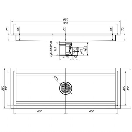 Caniveau de sol inox 900x300, sortie latrale
