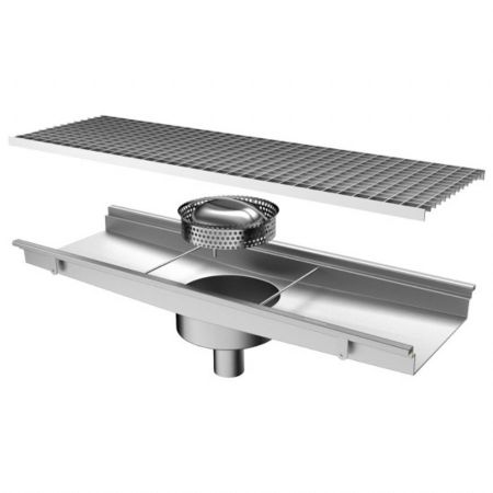 Caniveau de sol cuisine caillebotis, sortie verticale ø 63 mm et filtre rond, 1050x300x130 mm - Virtus - GZZ0065