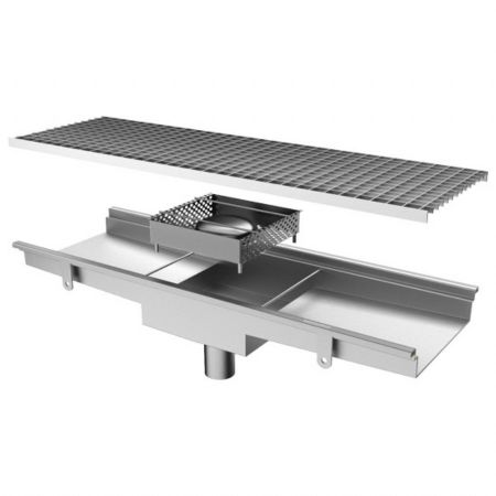 Caniveau de sol cuisine caillebotis, sortie verticale ø 63 mm et filtre carré, 1400x300x110 mm - Virtus - GZZ0074