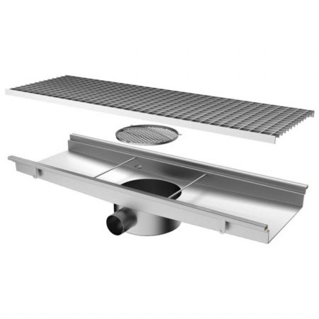 Caniveau de sol cuisine caillebotis, sortie horizontale ø 63 mm et filtre rond, 1200x300x170 mm - Virtus - GZZ0080