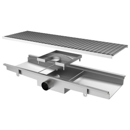 Caniveau de sol pour cuisine avec caillebotis, sortie horizontale ø 63 mm et filtre carré, 1400x300x140 mm - Virtus - GZZ0087