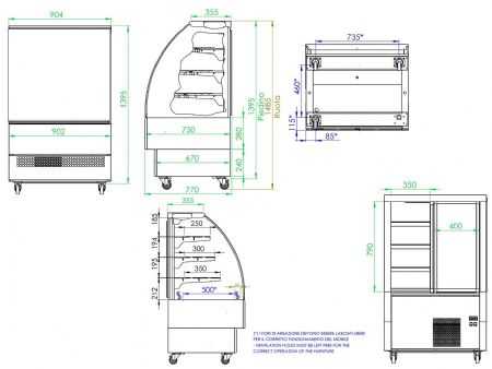 Vitrine professionnel rfrigr ventile avec 3 tagres 2C/+8C longueur 904 mm - Noir