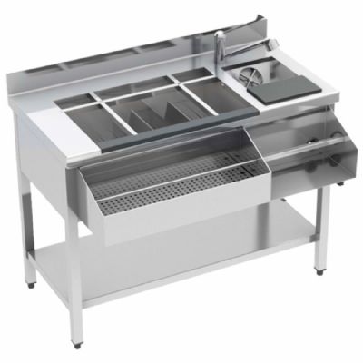 Station bar cocktail neutre avec bac à glace évier range-bouteilles 1500x720 mm Station bar cocktail neutre avec bac à glace évier range-bouteilles 1500x720 mm