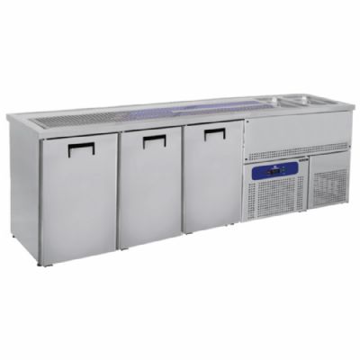 Comptoir réfrigéré inox 3 portes pleines avec 2 bacs à droite température -2/+8°C Comptoir réfrigéré inox 3 portes pleines avec 2 bacs à droite température -2/+8°C