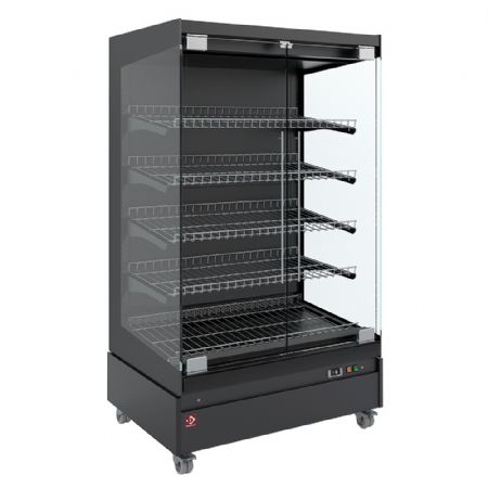 Vitrine chauffante professionnelle libre-service 2 portes vitrées 4 étagères en sur roues noire - Diamond Promo - HAS10-G5