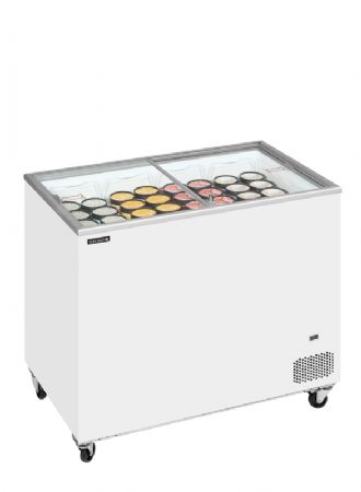 Congélateur bahut 255L avec 2 couvercles coulissants vitrés et plats