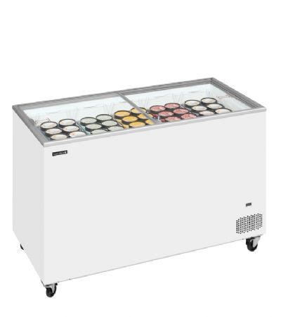 Congélateur bahut 350L avec 2 couvercles coulissants vitrés et plats