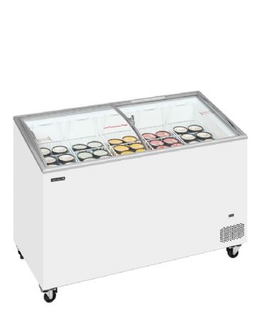 Congélateur bahut 310L avec 2 couvercles coulissants incurvés et vitrés