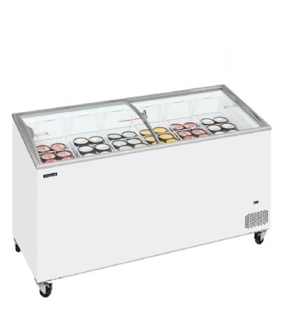 Congélateur bahut 398L avec 2 couvercles coulissants incurvés et vitrés
