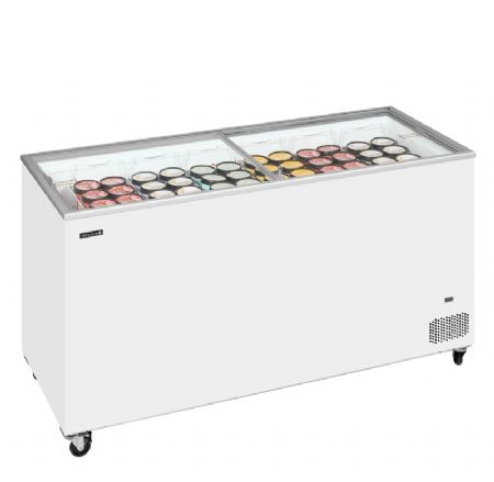 Congélateur bahut 486L avec 2 couvercles coulissants vitrés et plats