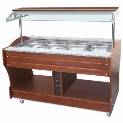 Buffet bain-marie central en inox avec 4 bacs GN 1/1 h150 mm temp�rature jusqu�� 90�C