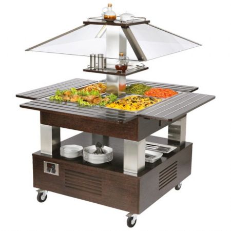 Buffet Maintien Chaud bain-marie à île, 4x GN 1/1 h=150 mm, hotte non abaissable, 1445x1445x1540 mm - Virtus - IEA0020