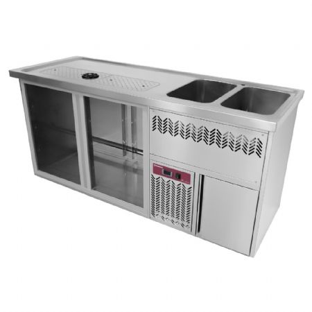 Plonge Inox 1 comptoir bar 2 compartiments égouttoir et grille, 2 cuves à droite 1950x700x930 mm - Diamond Promo - KBR/22D