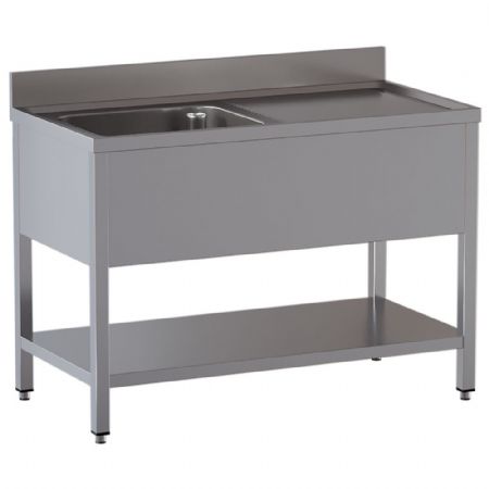 Plonge Inox 1 cuve et égouttoir à droite avec sous-tablette 1200x600x850/880(+100) mm - Diamond Promo - L1211/6D-SD2 Plonge Inox 1 cuve et égouttoir à droite avec sous-tablette 1200x600x850/880(+100) mm - Diamond Promo - L1211/6D-SD2