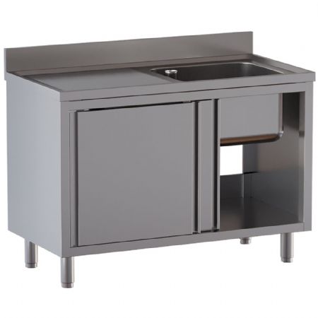 Plonge Inox 1 cuve 600x500x300 mm avec égouttoir gauche sur armoire 2 portes coulissantes 1400x700x850/880(+100) mm - Diamond - L1411/AD-SS6 Plonge Inox 1 cuve 600x500x300 mm avec égouttoir gauche sur armoire 2 portes coulissantes 1400x700x850/880(+100) mm - Diamond - L1411/AD-SS6