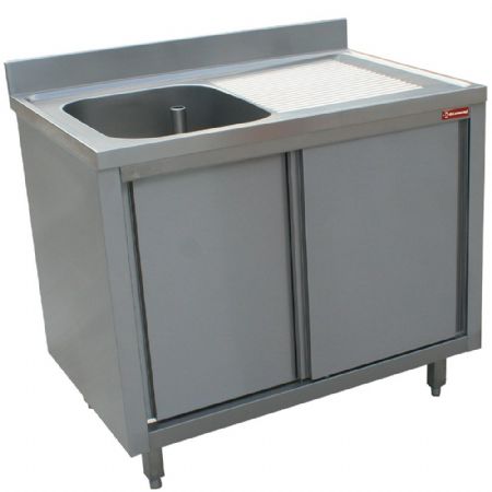 Plonge Inox 1 cuve 600x500x275 mm avec égouttoir droit sur armoire 2 portes coulissantes 1400x700x880/900(+100) mm - Diamond - L1411D-AS-D Plonge Inox 1 cuve 600x500x275 mm avec égouttoir droit sur armoire 2 portes coulissantes 1400x700x880/900(+100) mm - Diamond - L1411D-AS-D