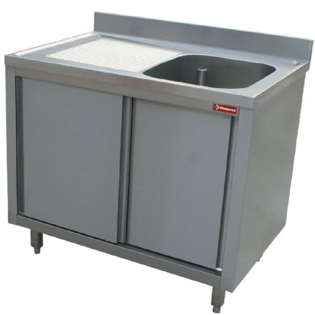 Plonge Inox 1 cuve 600x500x275 mm avec égouttoir gauche sur armoire 2 portes coulissantes 1400x700x880/900(+100) mm - Diamond - L1411S-AS-D Plonge Inox 1 cuve 600x500x275 mm avec égouttoir gauche sur armoire 2 portes coulissantes 1400x700x880/900(+100) mm - Diamond - L1411S-AS-D