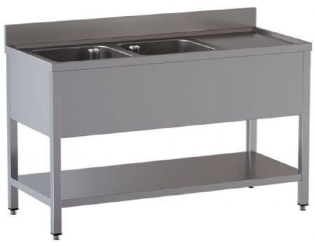 Plonge inox AISI 304 2 cuves et égouttoir à droite avec sous-tablette 1400x600x850/880(+100) mm - Diamond - L1421/6D-SD3
