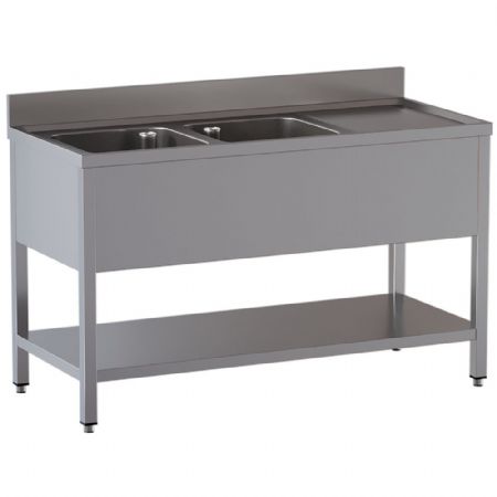 Plonge professionnelle 2 cuves et 1 égouttoir droite en inox AISI 304 1400x700x850/880(+100) mm - Diamond - L1421/D-SD4