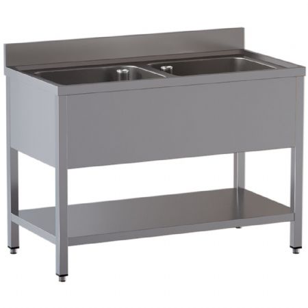 Plonge professionnelle 2 cuves en inox AISI 304 avec tablette inférieure 1400x700x850/880(+100) mm - Diamond - L1421/D-SX3
