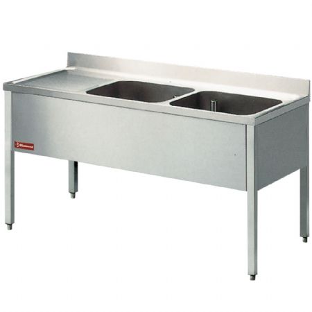 Plonge professionnelle 2 cuves et 1 égouttoir à gauche en inox AISI 304/441 1600x700x880/900(+100) mm - Diamond Promo - L1620S-KD-D